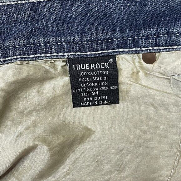 Mens True Rock Jeans Distressed Thrashed Patches Tag Size 34 Light Stone Wash - Picture 11 of 12